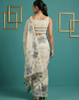 White Resham Soft Muga Cotton Floral Pencil Art Saree