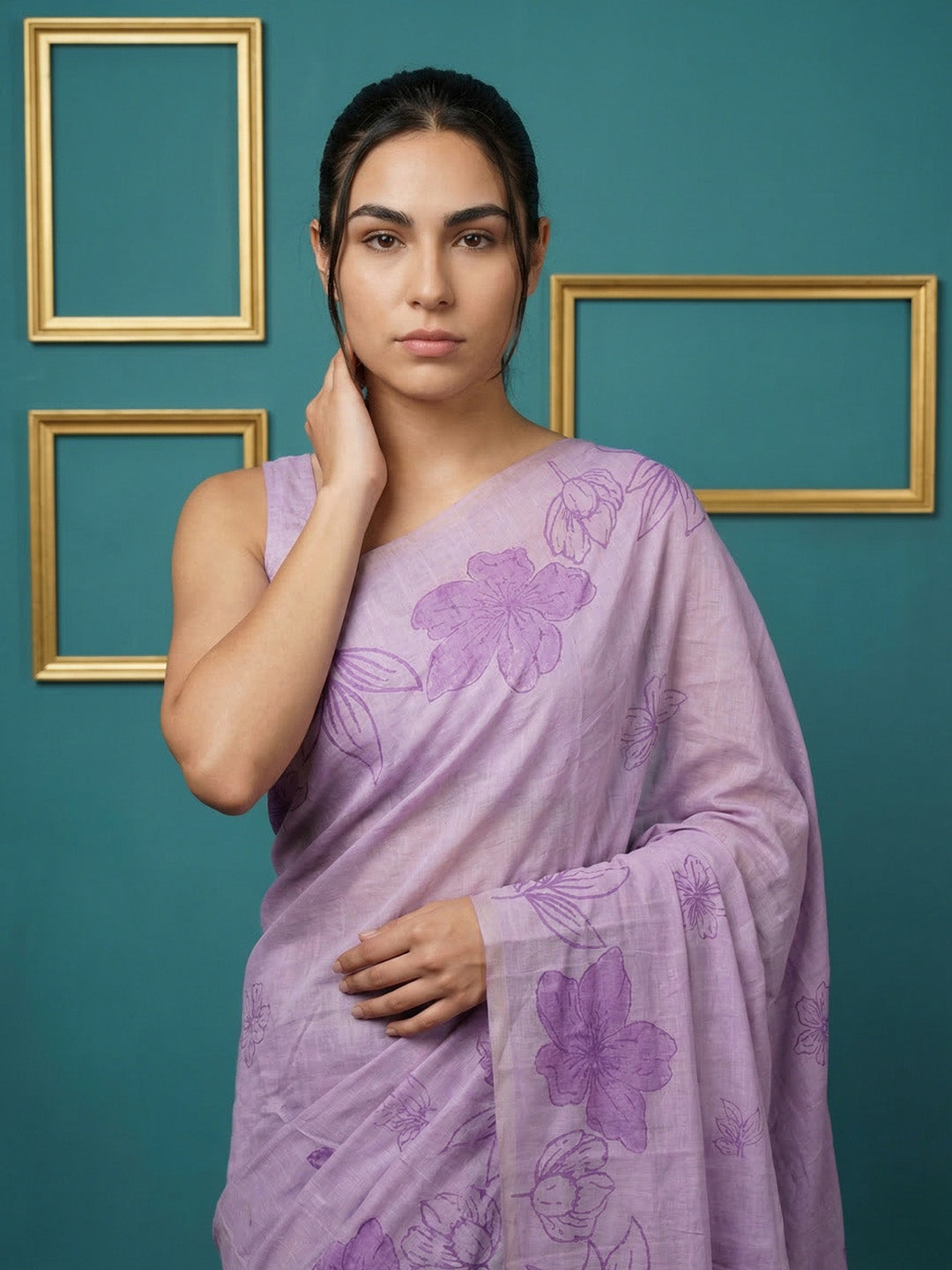 Lavender Resham Soft Muga Cotton Floral Pencil Art Saree
