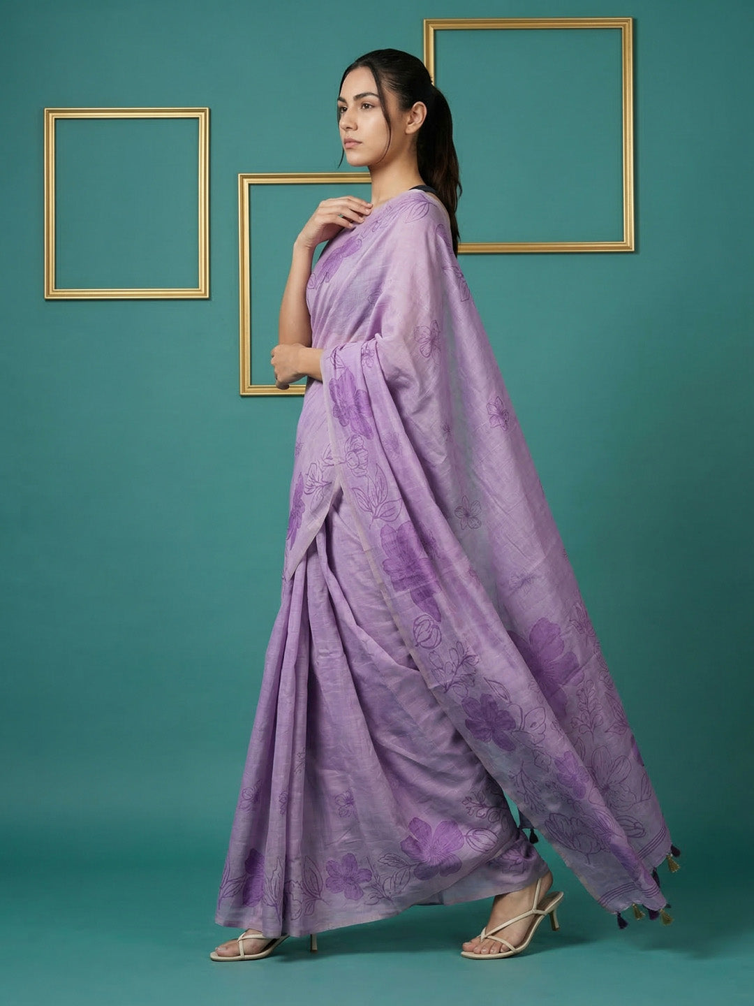 Lavender Resham Soft Muga Cotton Floral Pencil Art Saree