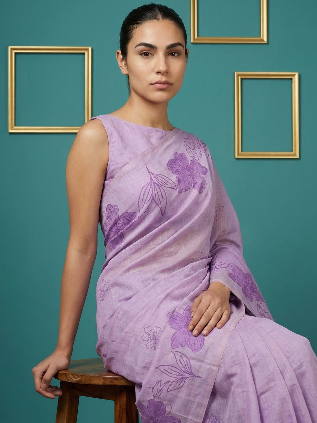 Lavender Resham Soft Muga Cotton Floral Pencil Art Saree