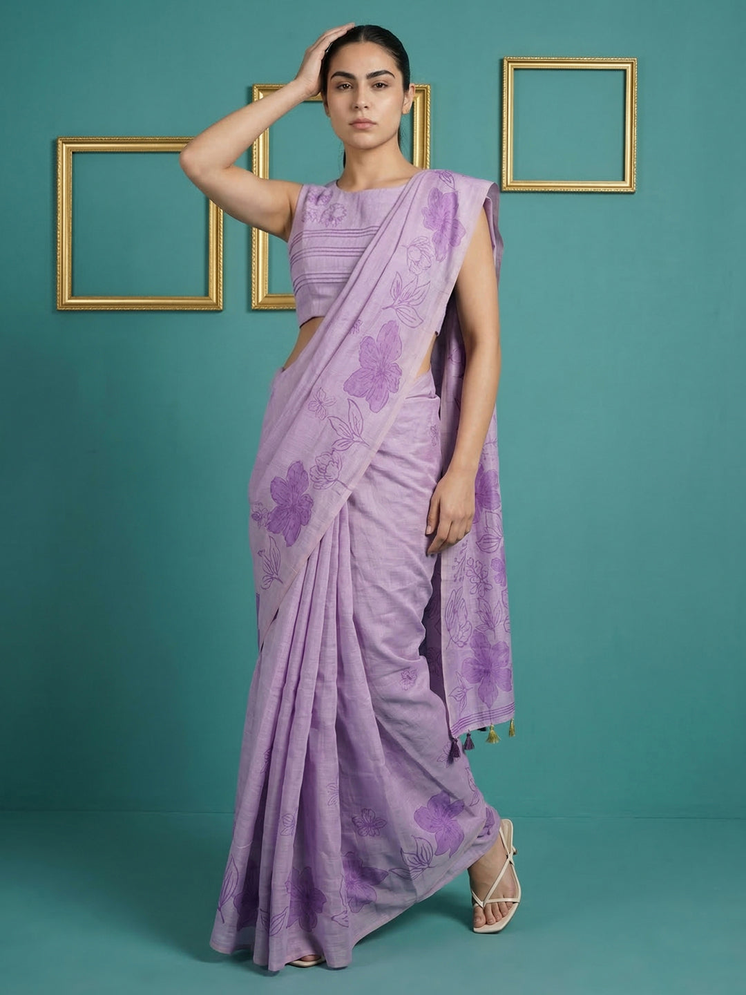 Lavender Resham Soft Muga Cotton Floral Pencil Art Saree