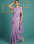 Lavender Resham Soft Muga Cotton Floral Pencil Art Saree