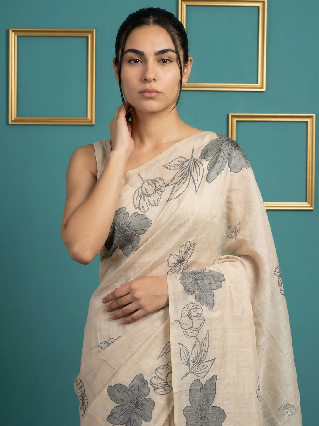 White Resham Soft Muga Cotton Floral Pencil Art Saree