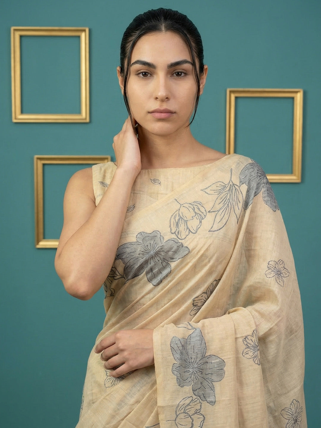 Chickoo Resham Soft Muga Cotton Floral Pencil Art Saree