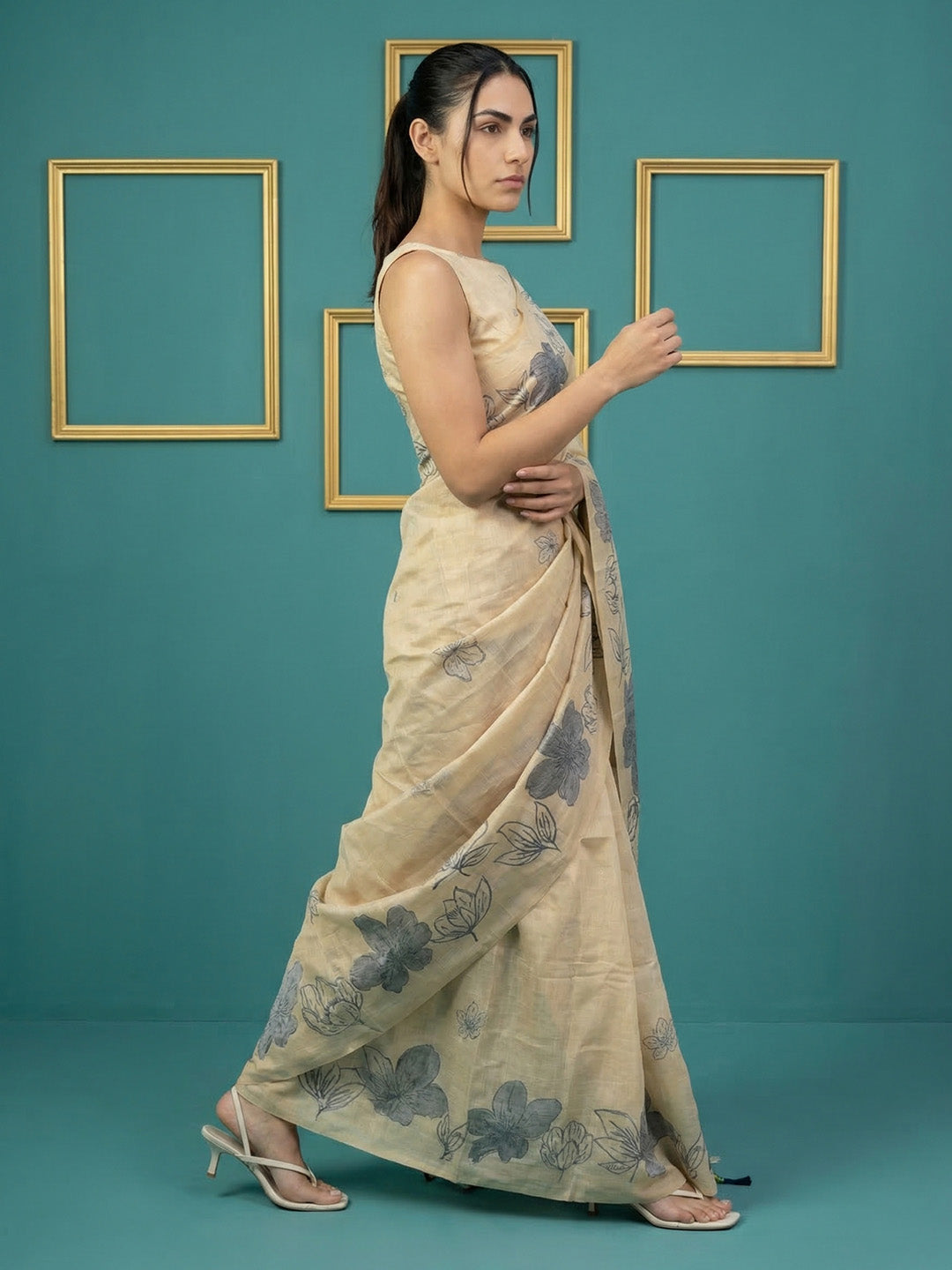 Chickoo Resham Soft Muga Cotton Floral Pencil Art Saree