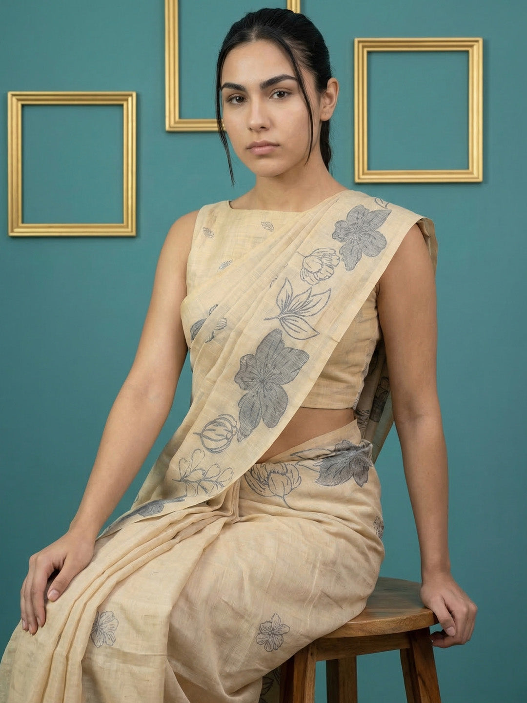 Chickoo Resham Soft Muga Cotton Floral Pencil Art Saree