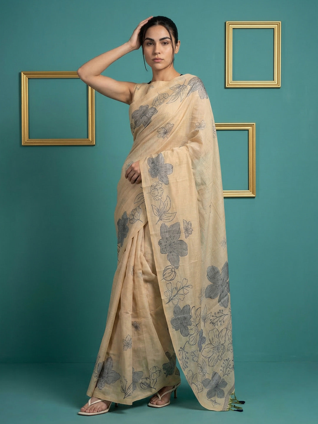 Chickoo Resham Soft Muga Cotton Floral Pencil Art Saree