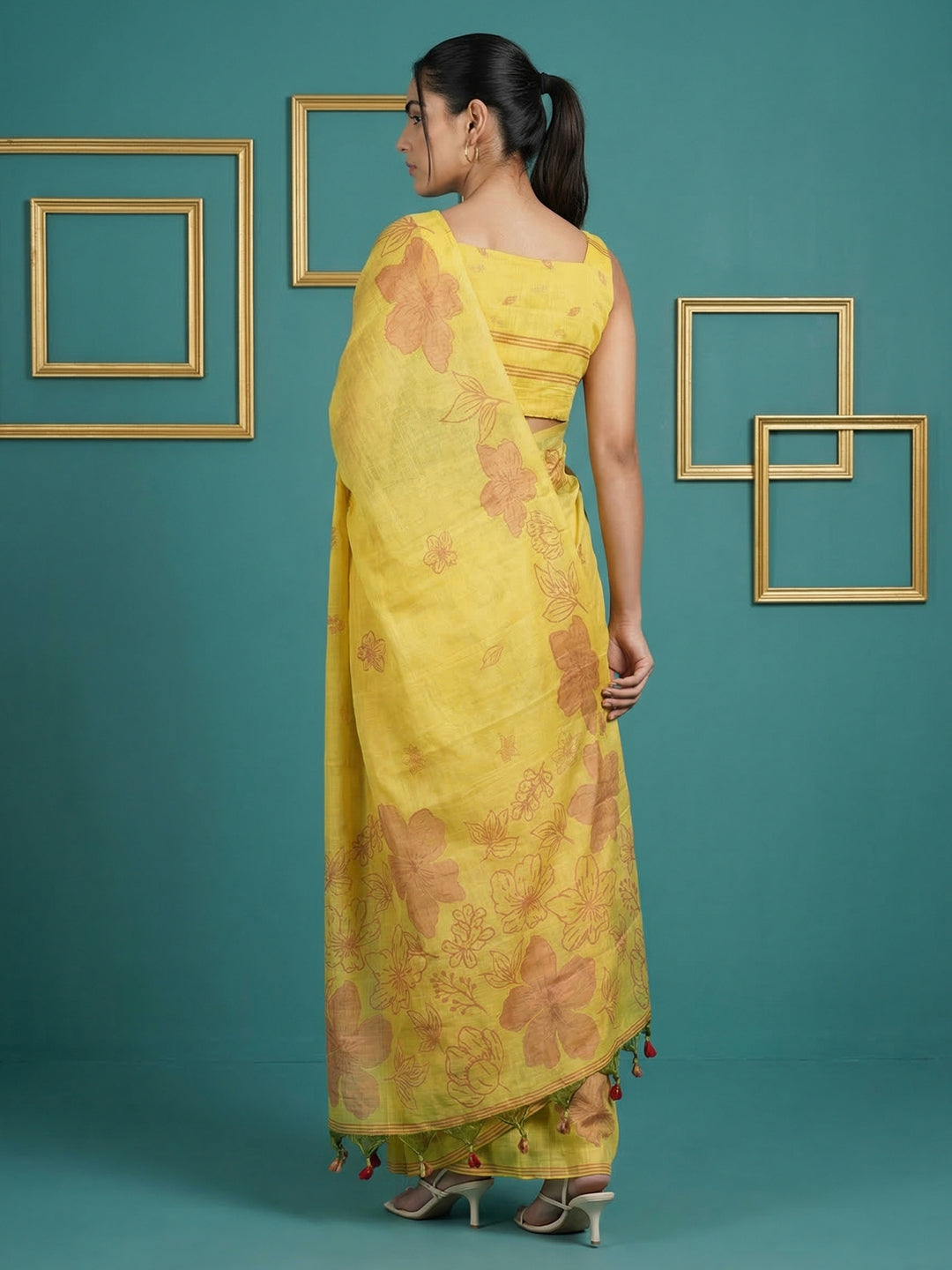 Yellow Resham Soft Muga Cotton Floral Pencil Art Saree