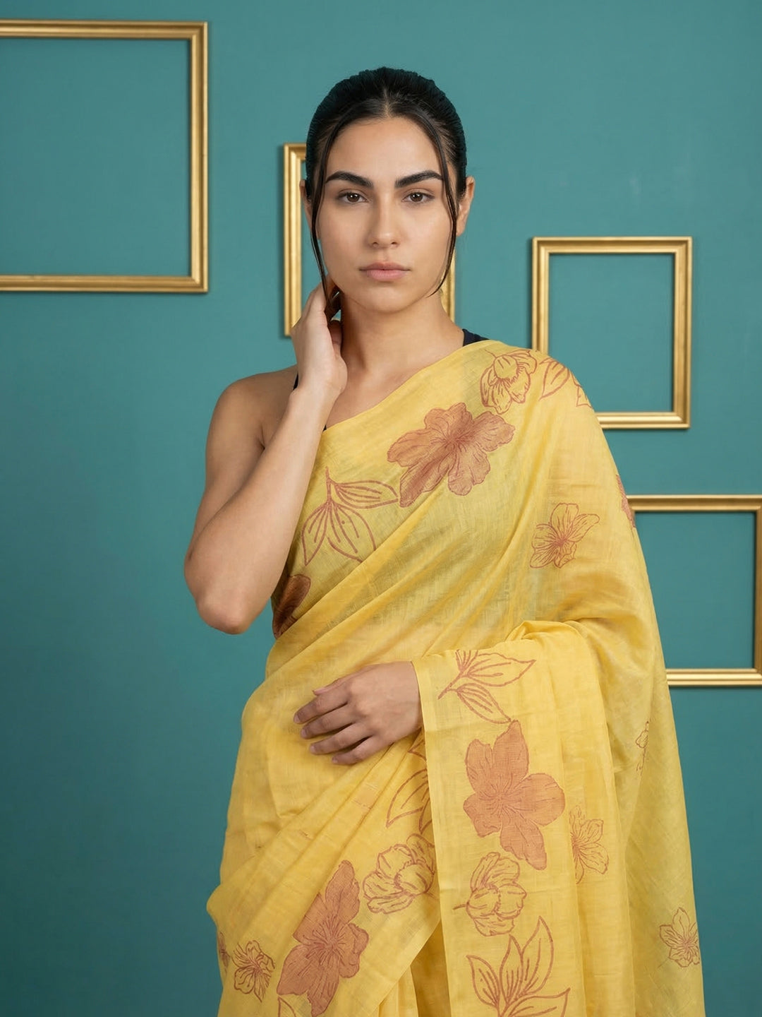 Yellow Resham Soft Muga Cotton Floral Pencil Art Saree
