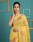 Yellow Resham Soft Muga Cotton Floral Pencil Art Saree