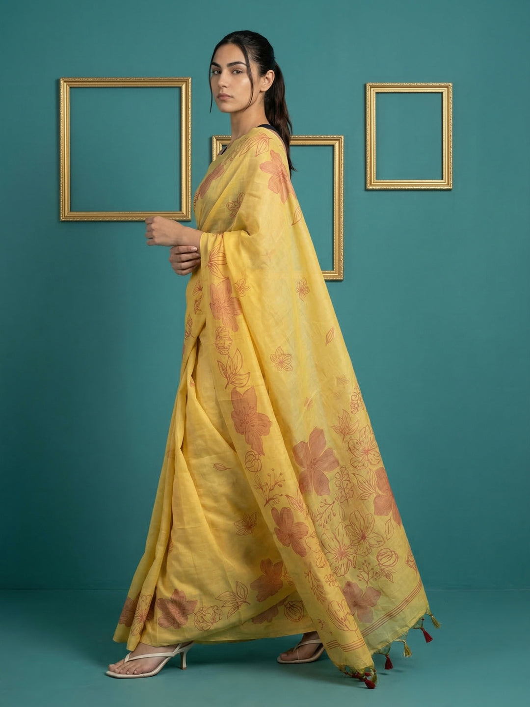 Yellow Resham Soft Muga Cotton Floral Pencil Art Saree