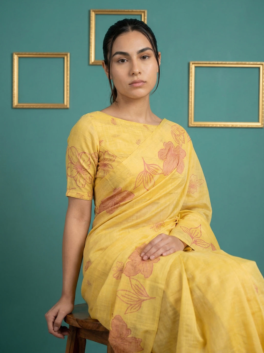 Yellow Resham Soft Muga Cotton Floral Pencil Art Saree