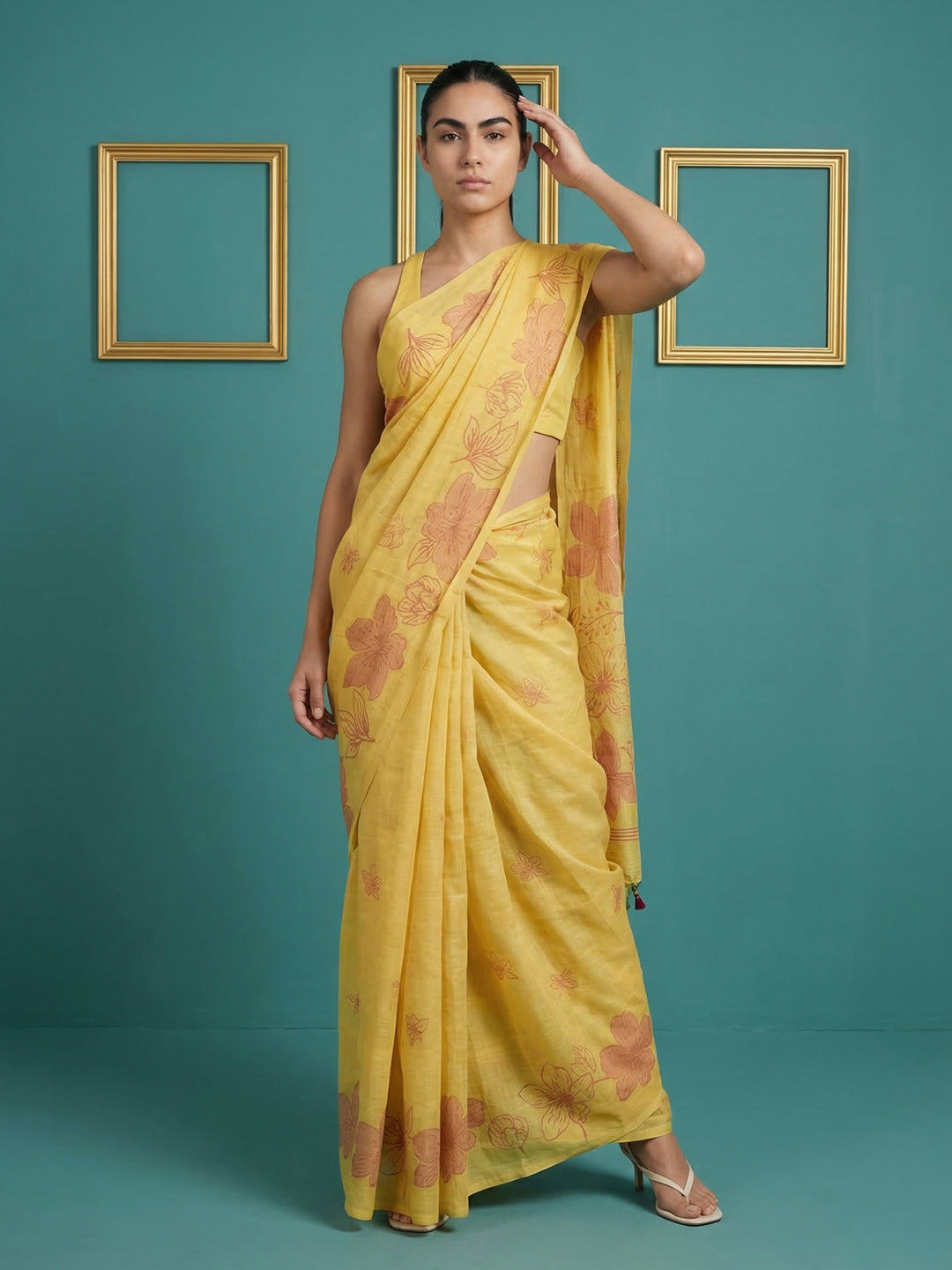 Yellow Resham Soft Muga Cotton Floral Pencil Art Saree