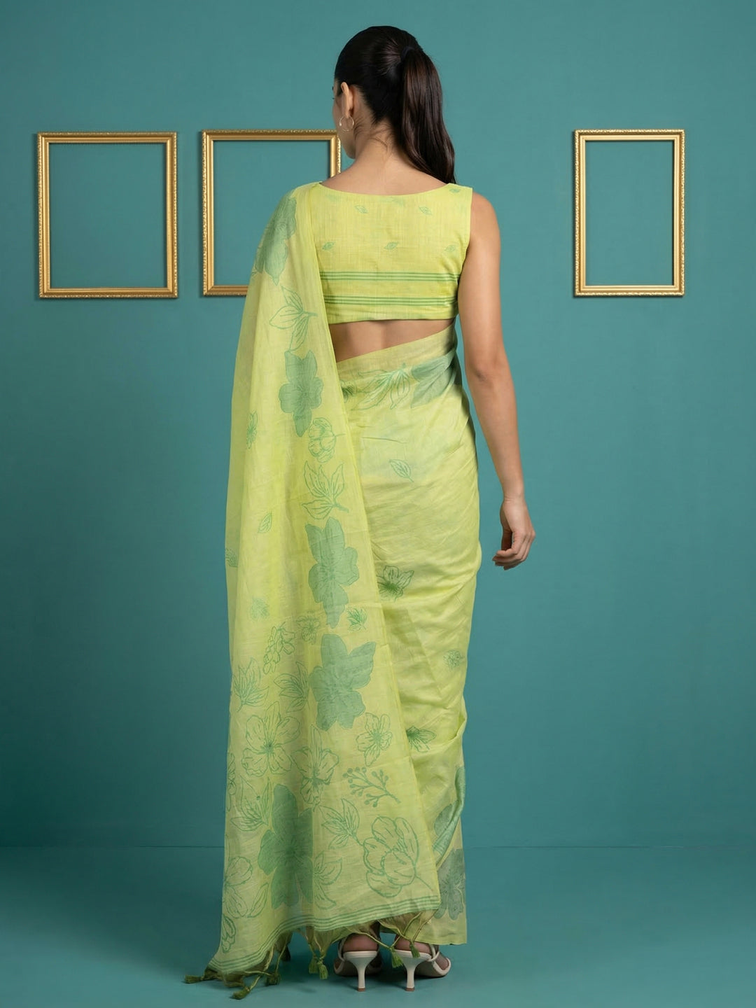 Pista Green Resham Soft Muga Cotton Floral Pencil Art Saree