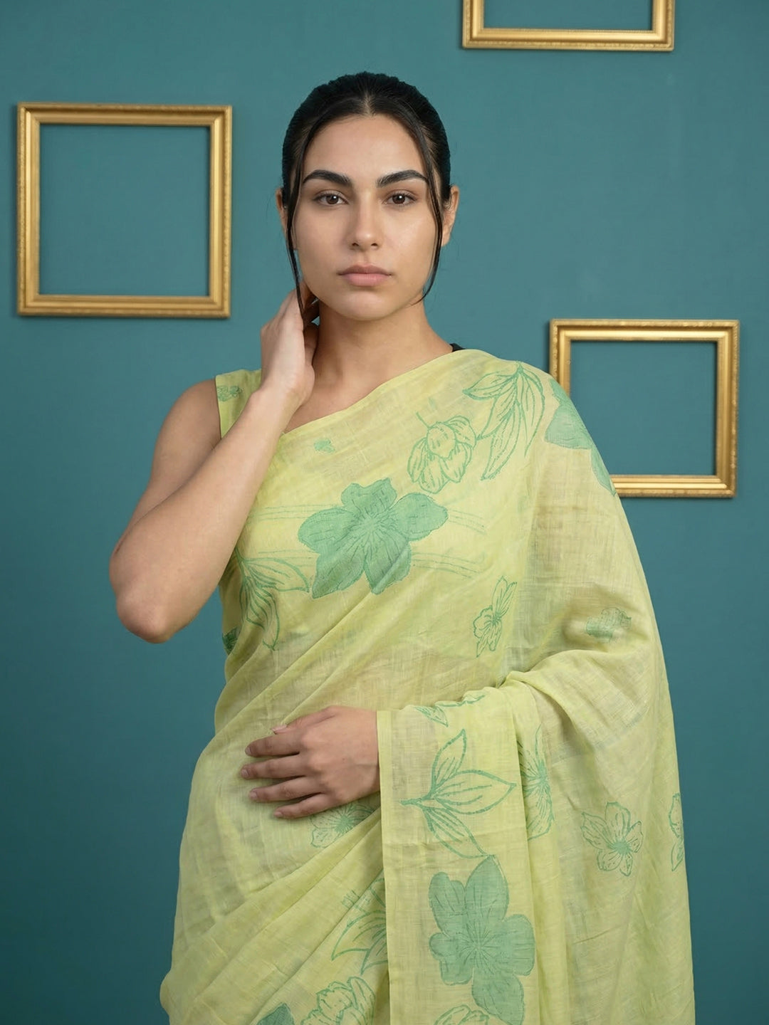 Pista Green Resham Soft Muga Cotton Floral Pencil Art Saree
