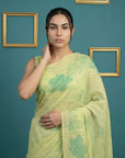 Pista Green Resham Soft Muga Cotton Floral Pencil Art Saree