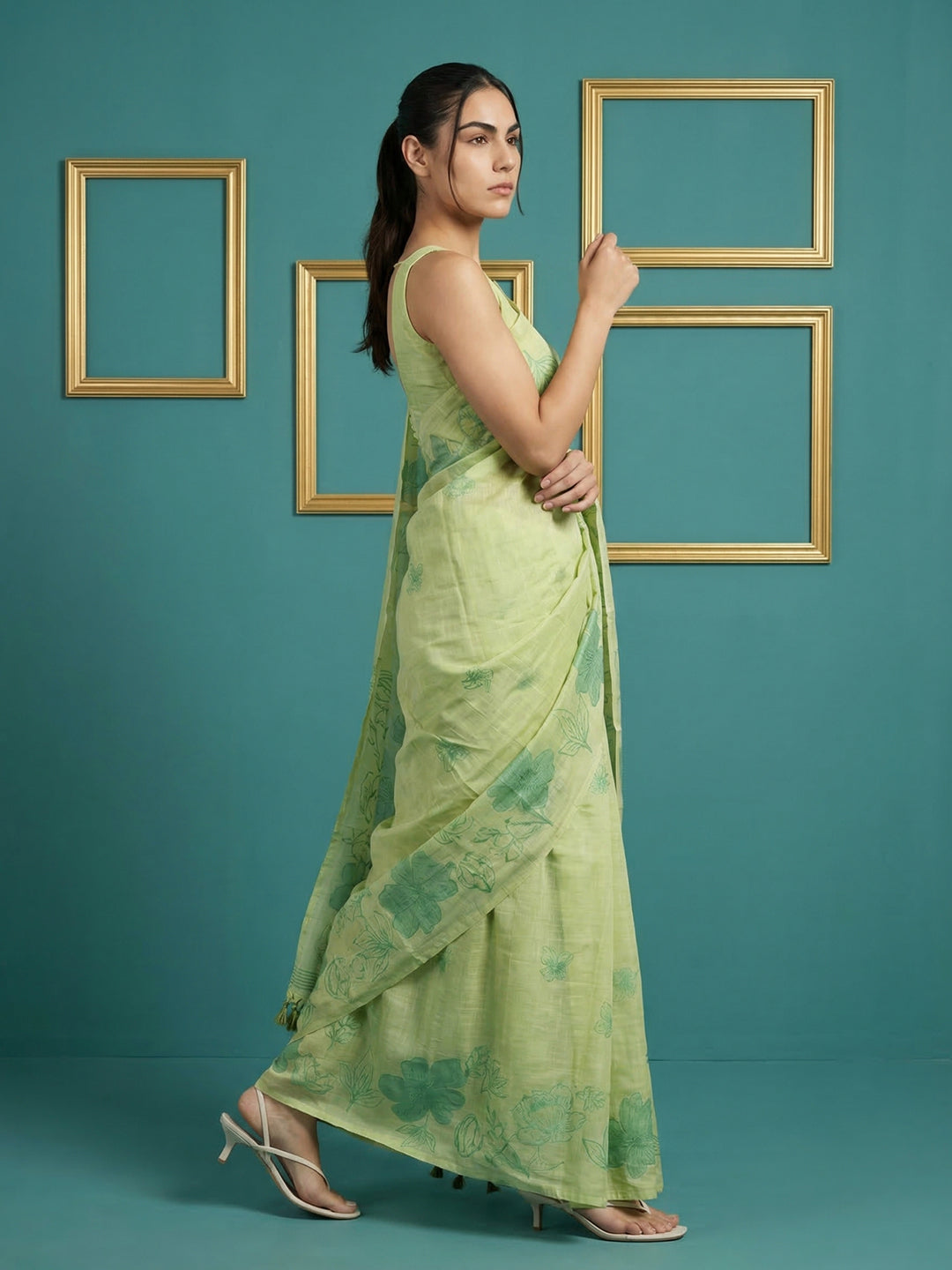 Pista Green Resham Soft Muga Cotton Floral Pencil Art Saree