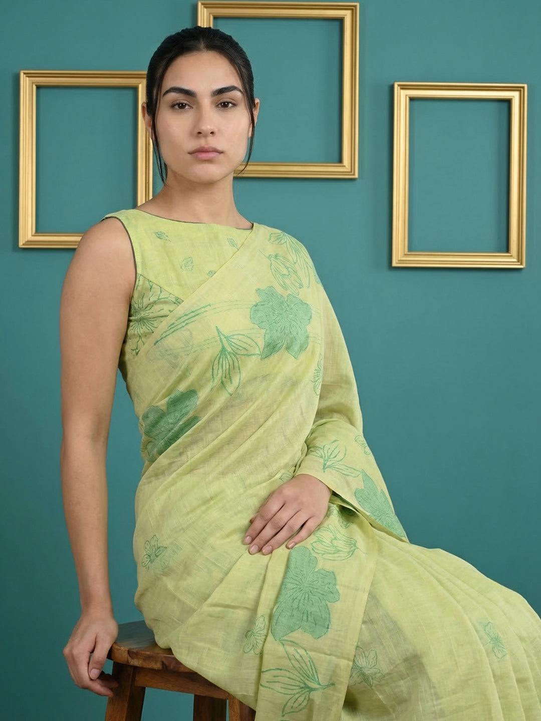 Pista Green Resham Soft Muga Cotton Floral Pencil Art Saree