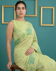 Pista Green Resham Soft Muga Cotton Floral Pencil Art Saree
