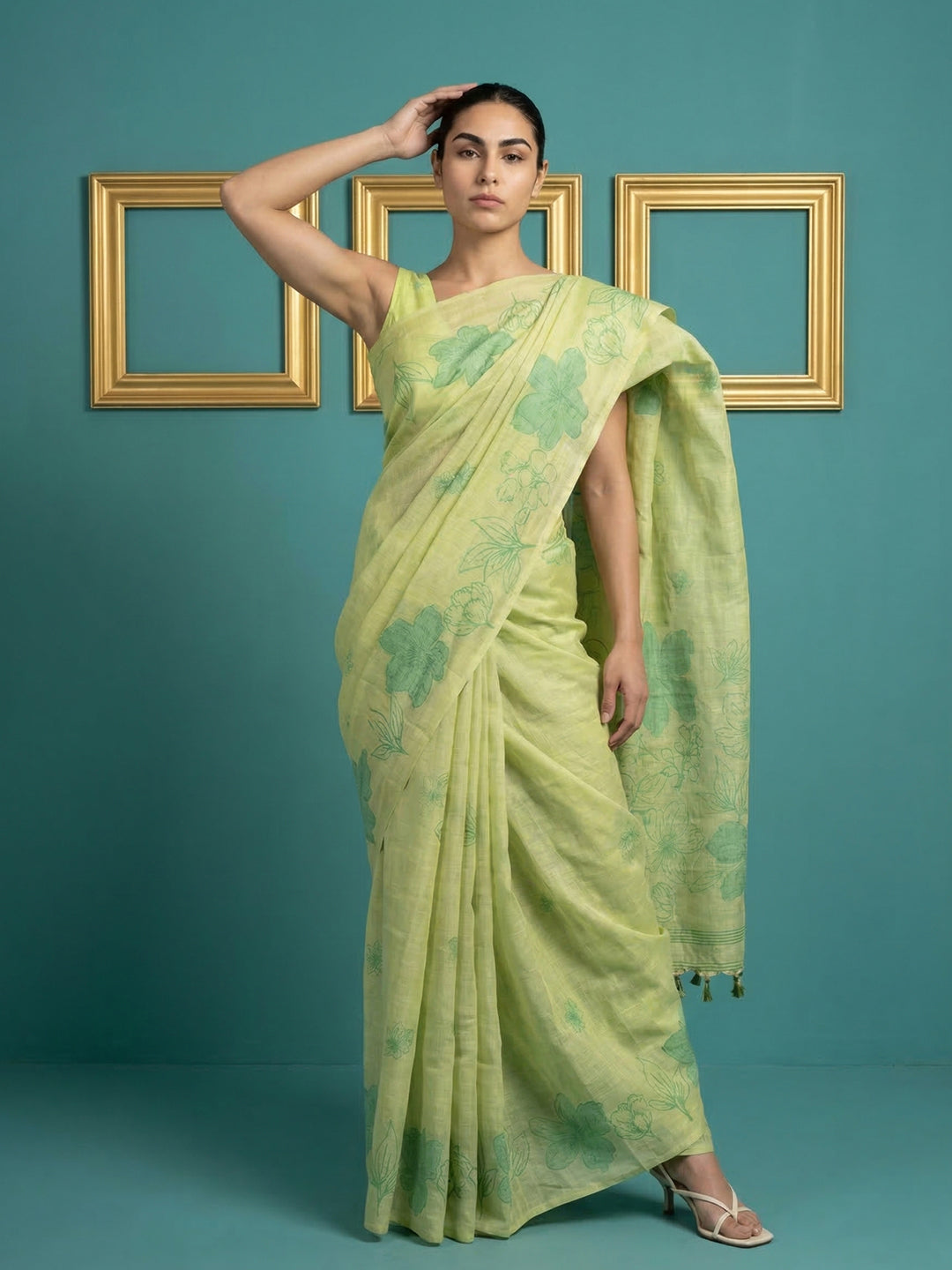 Pista Green Resham Soft Muga Cotton Floral Pencil Art Saree