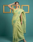Pista Green Resham Soft Muga Cotton Floral Pencil Art Saree