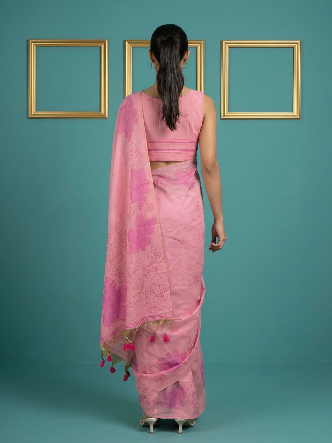 Pink Resham Soft Muga Cotton Floral Pencil Art Saree