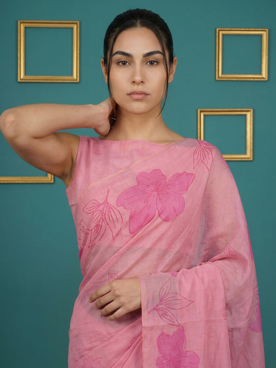 Pink Resham Soft Muga Cotton Floral Pencil Art Saree