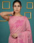 Pink Resham Soft Muga Cotton Floral Pencil Art Saree