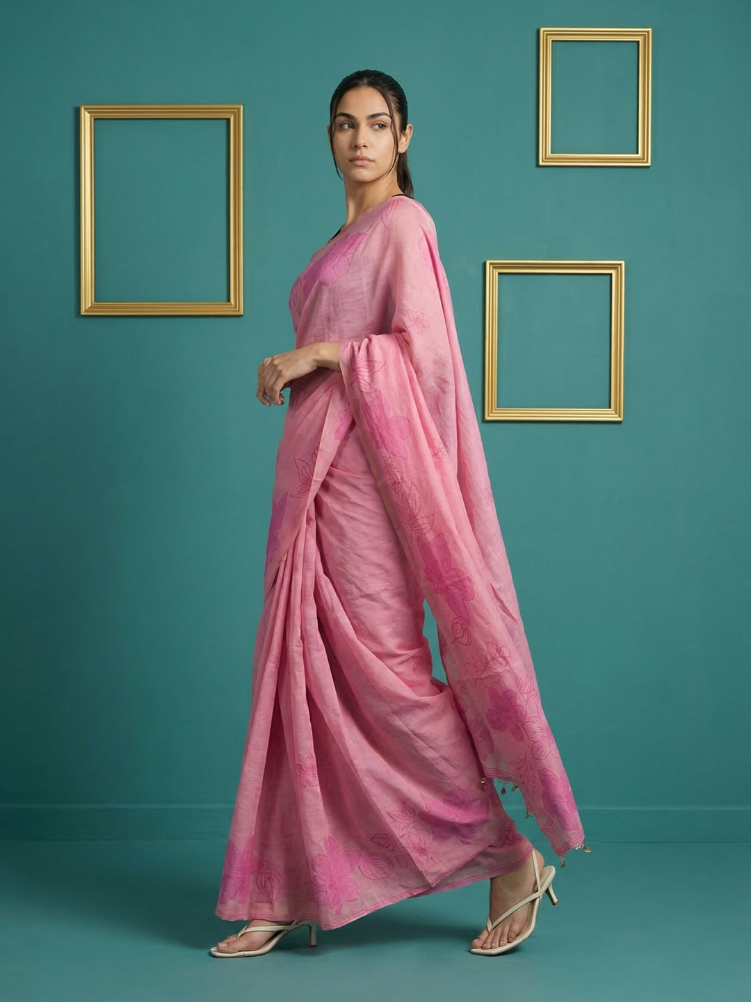 Pink Resham Soft Muga Cotton Floral Pencil Art Saree
