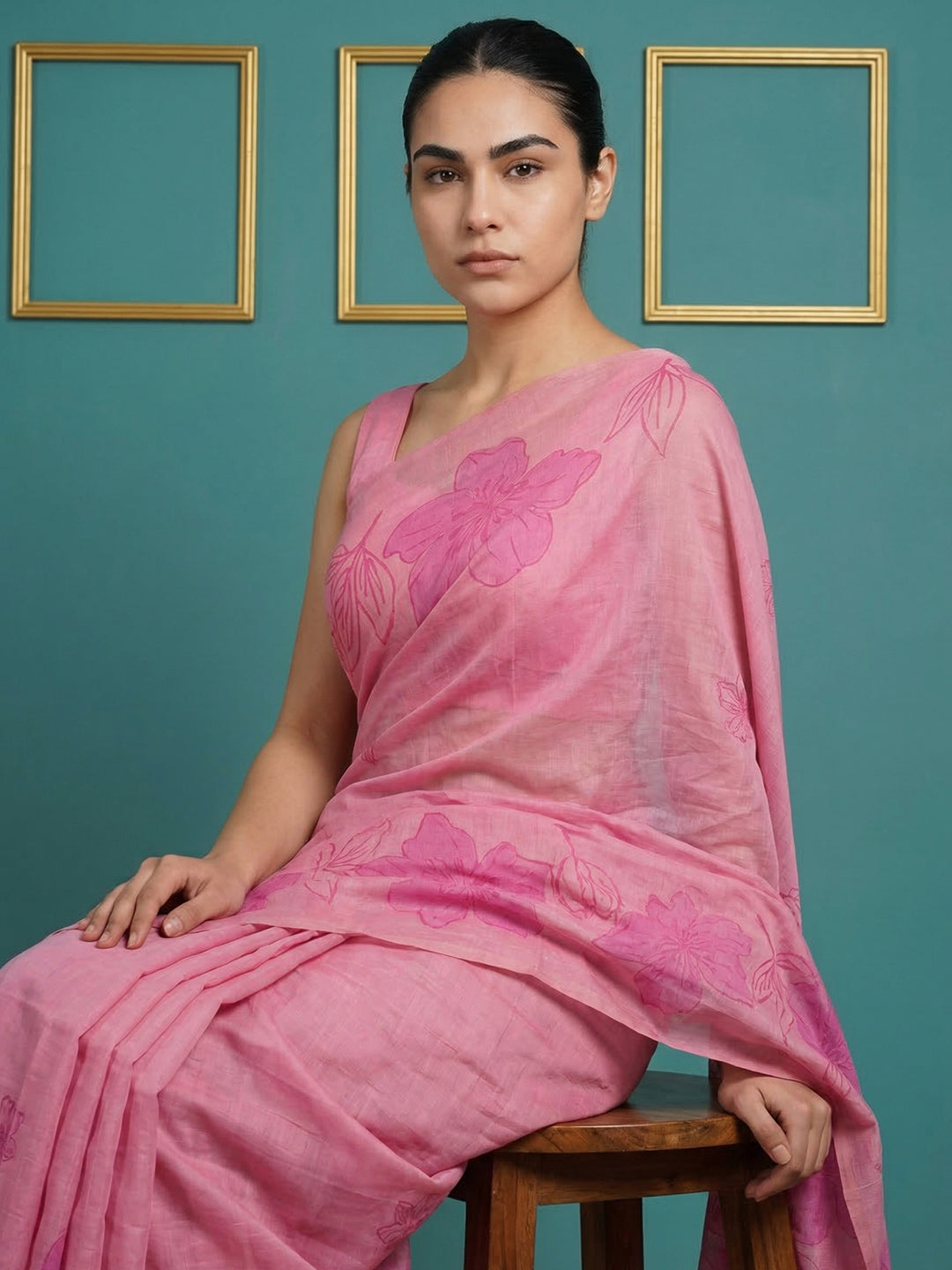 Pink Resham Soft Muga Cotton Floral Pencil Art Saree