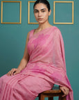 Pink Resham Soft Muga Cotton Floral Pencil Art Saree
