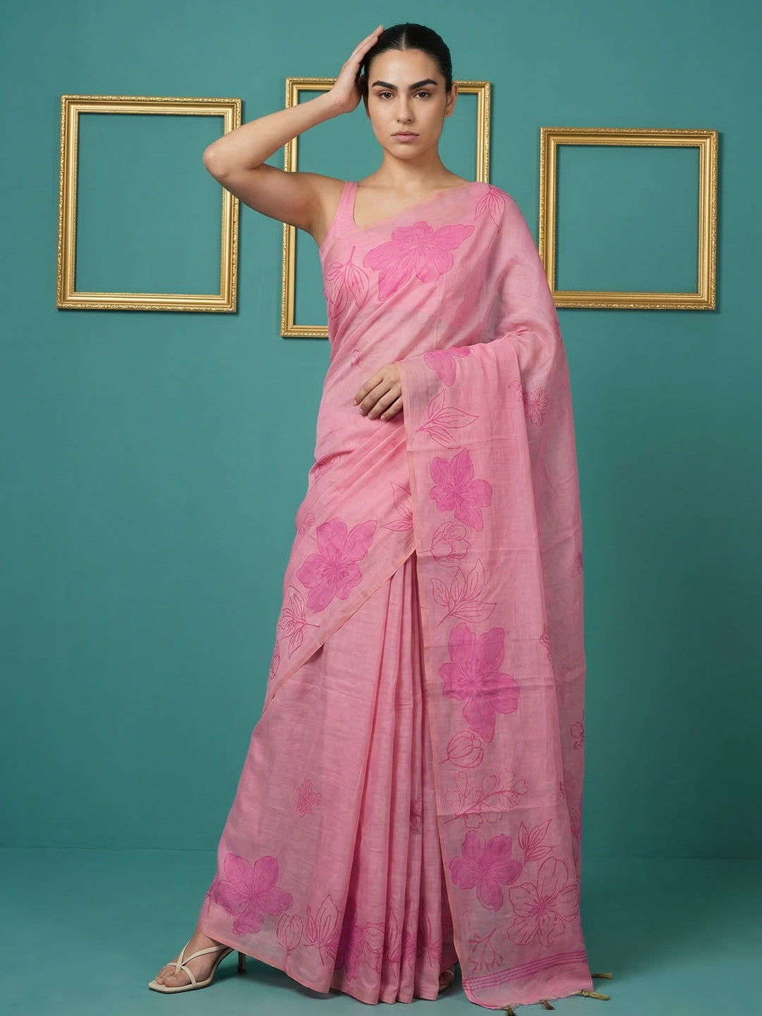 Pink Resham Soft Muga Cotton Floral Pencil Art Saree