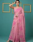 Pink Resham Soft Muga Cotton Floral Pencil Art Saree