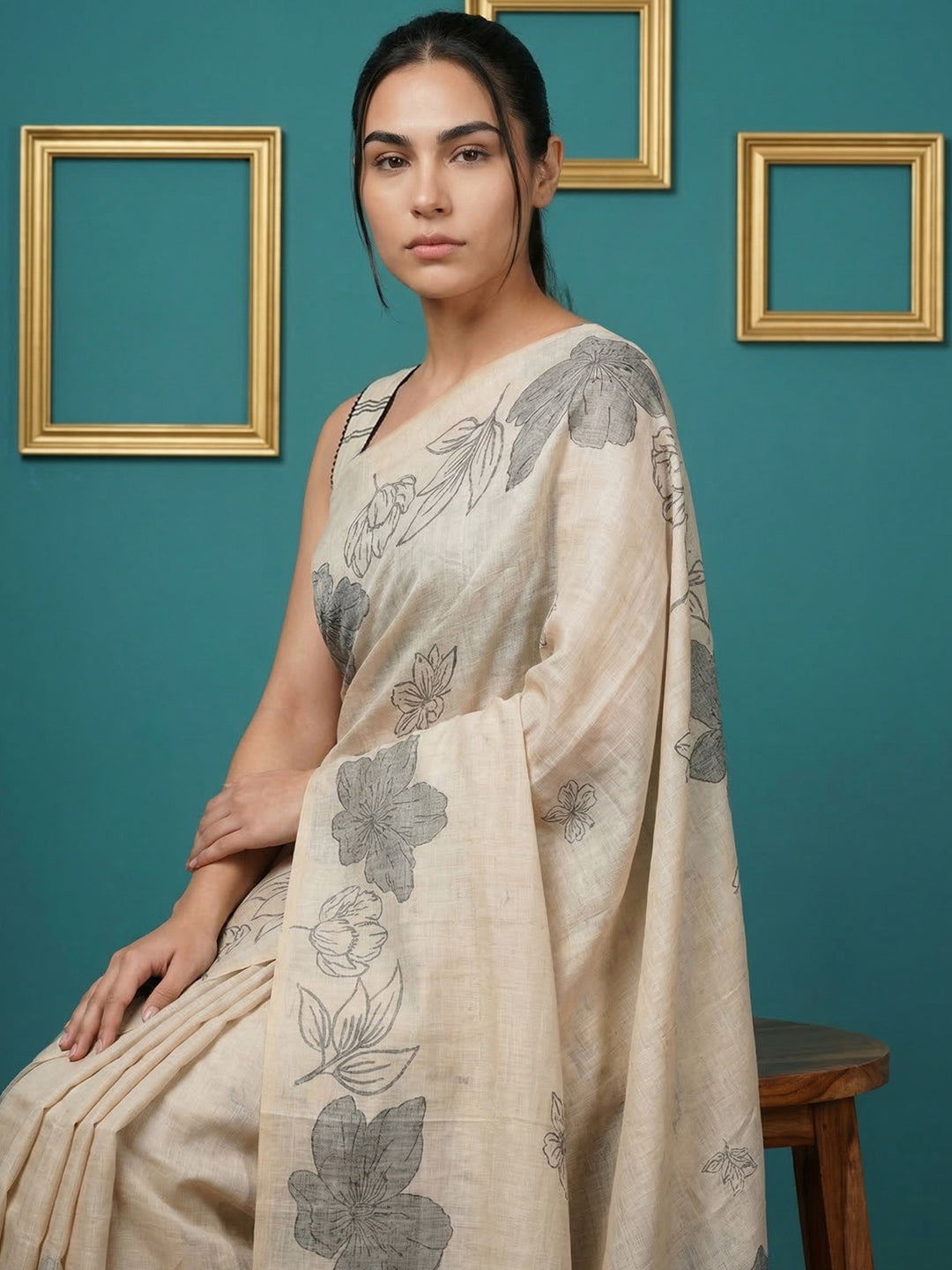White Resham Soft Muga Cotton Floral Pencil Art Saree