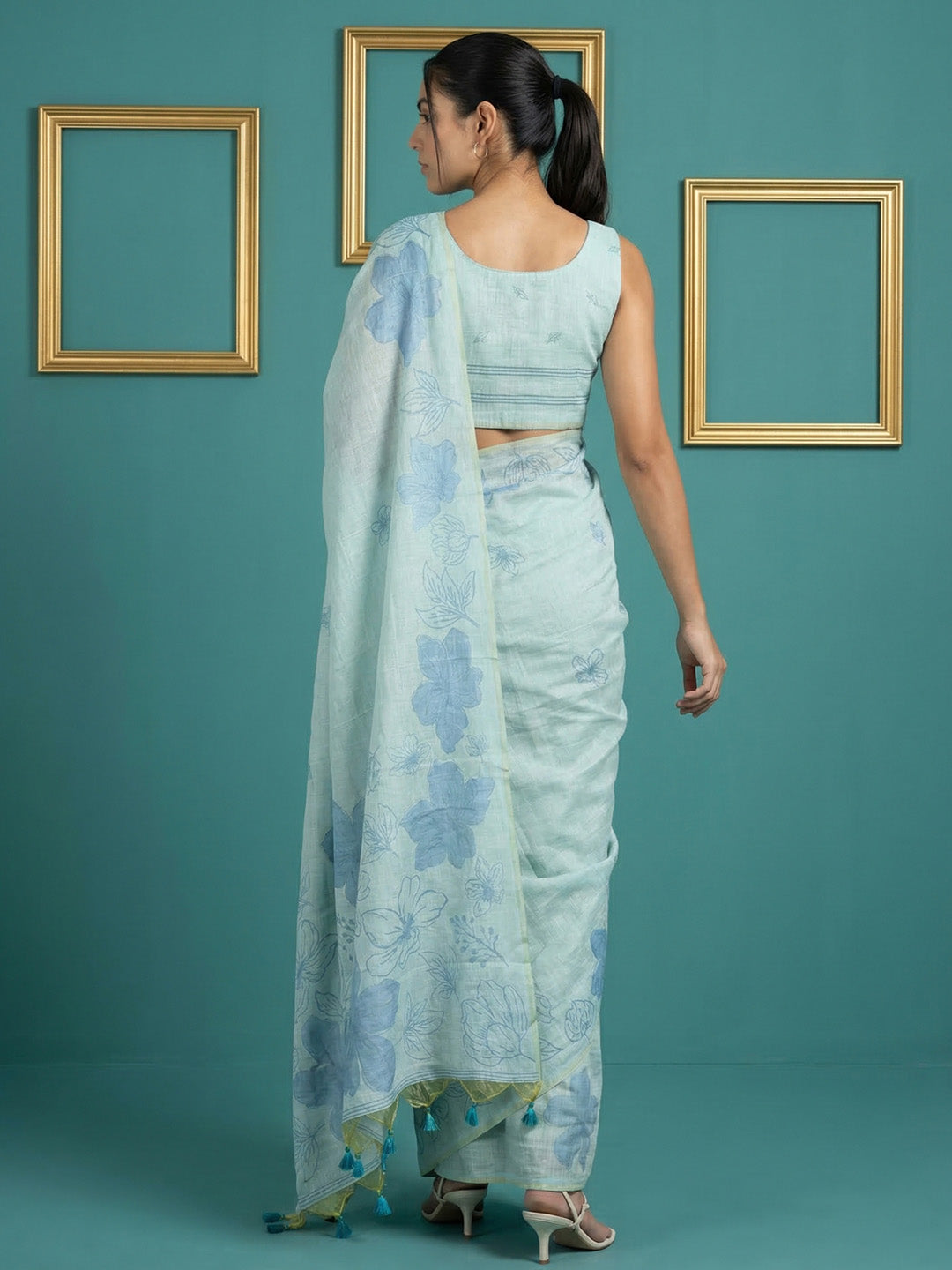 Sky Blue Resham Soft Muga Cotton Floral Pencil Art Saree