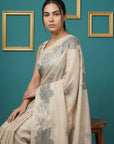 White Resham Soft Muga Cotton Floral Pencil Art Saree