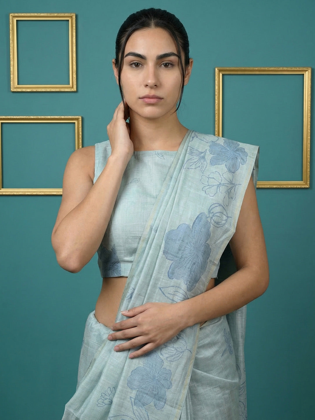 Sky Blue Resham Soft Muga Cotton Floral Pencil Art Saree