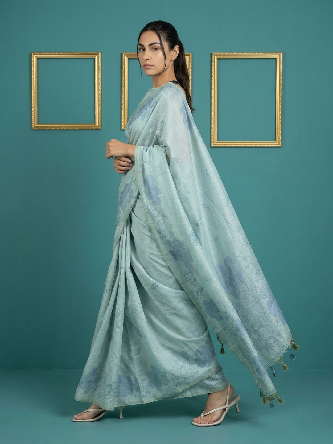 Sky Blue Resham Soft Muga Cotton Floral Pencil Art Saree