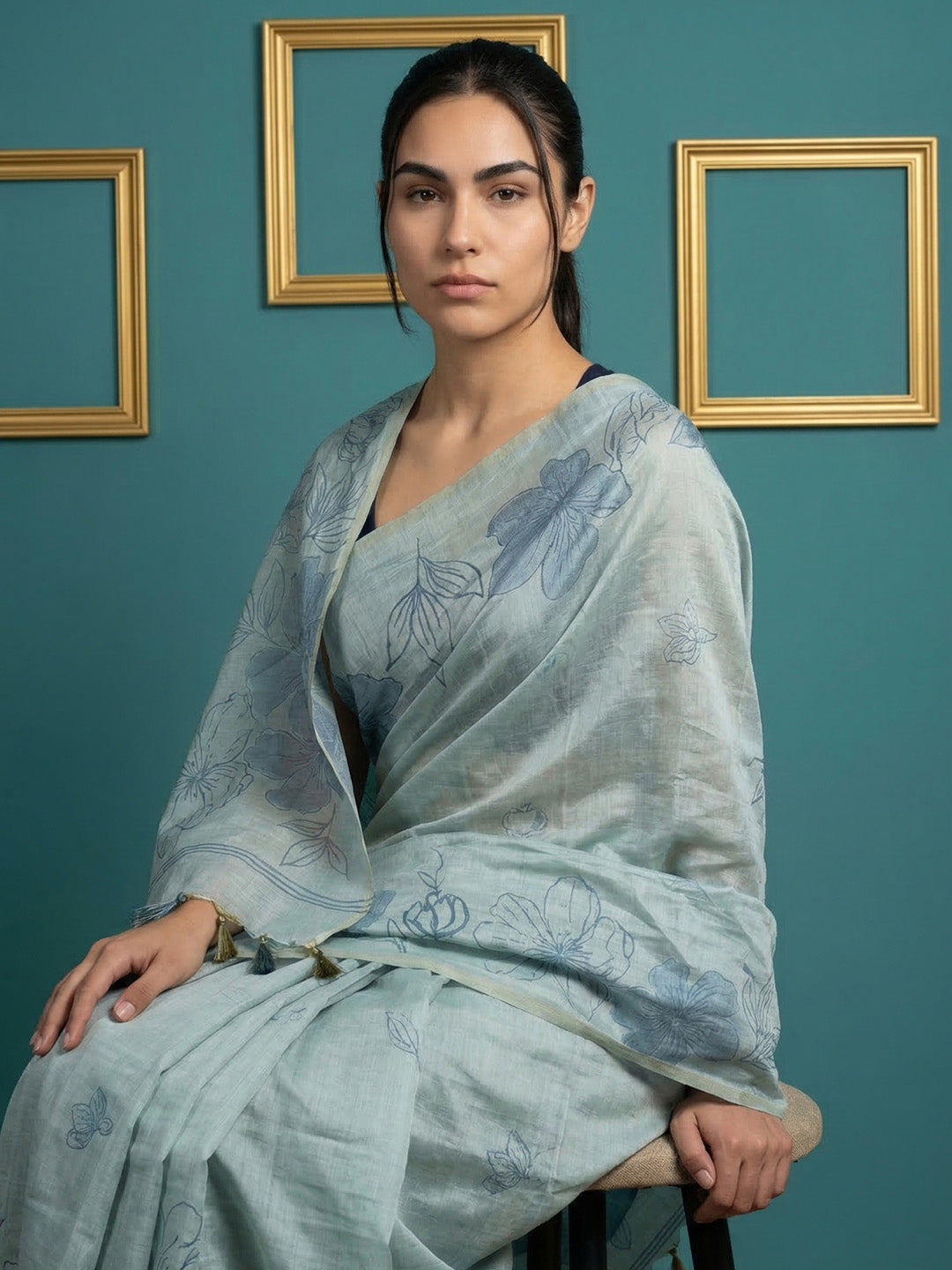 Sky Blue Resham Soft Muga Cotton Floral Pencil Art Saree