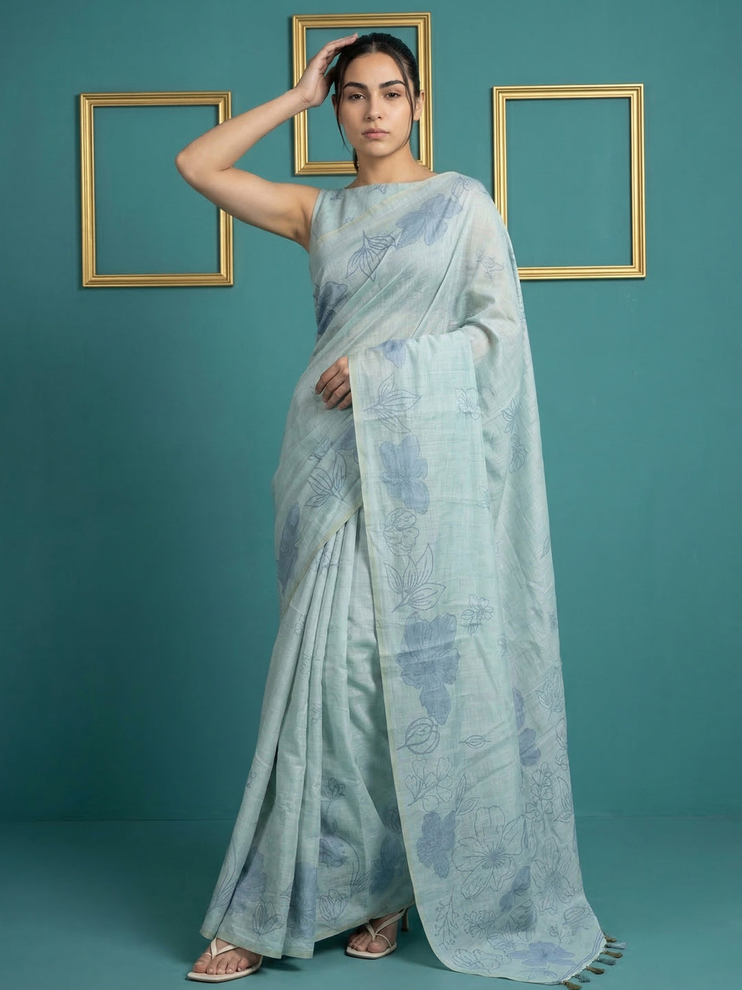Sky Blue Resham Soft Muga Cotton Floral Pencil Art Saree