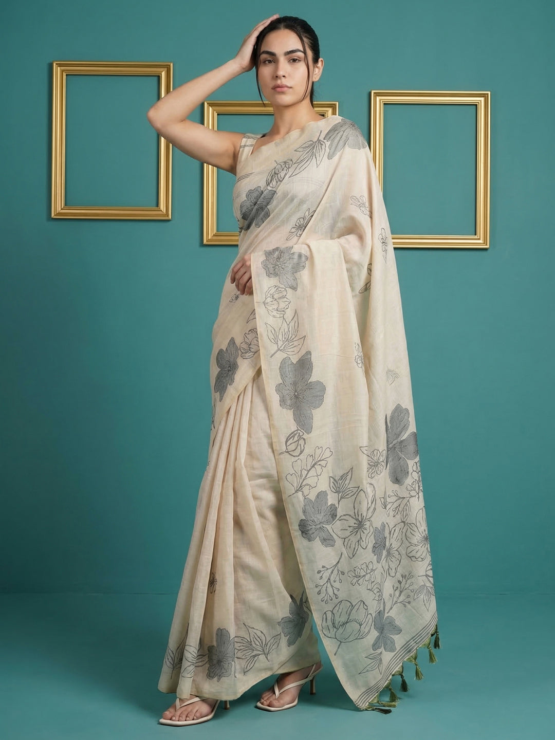 White Resham Soft Muga Cotton Floral Pencil Art Saree
