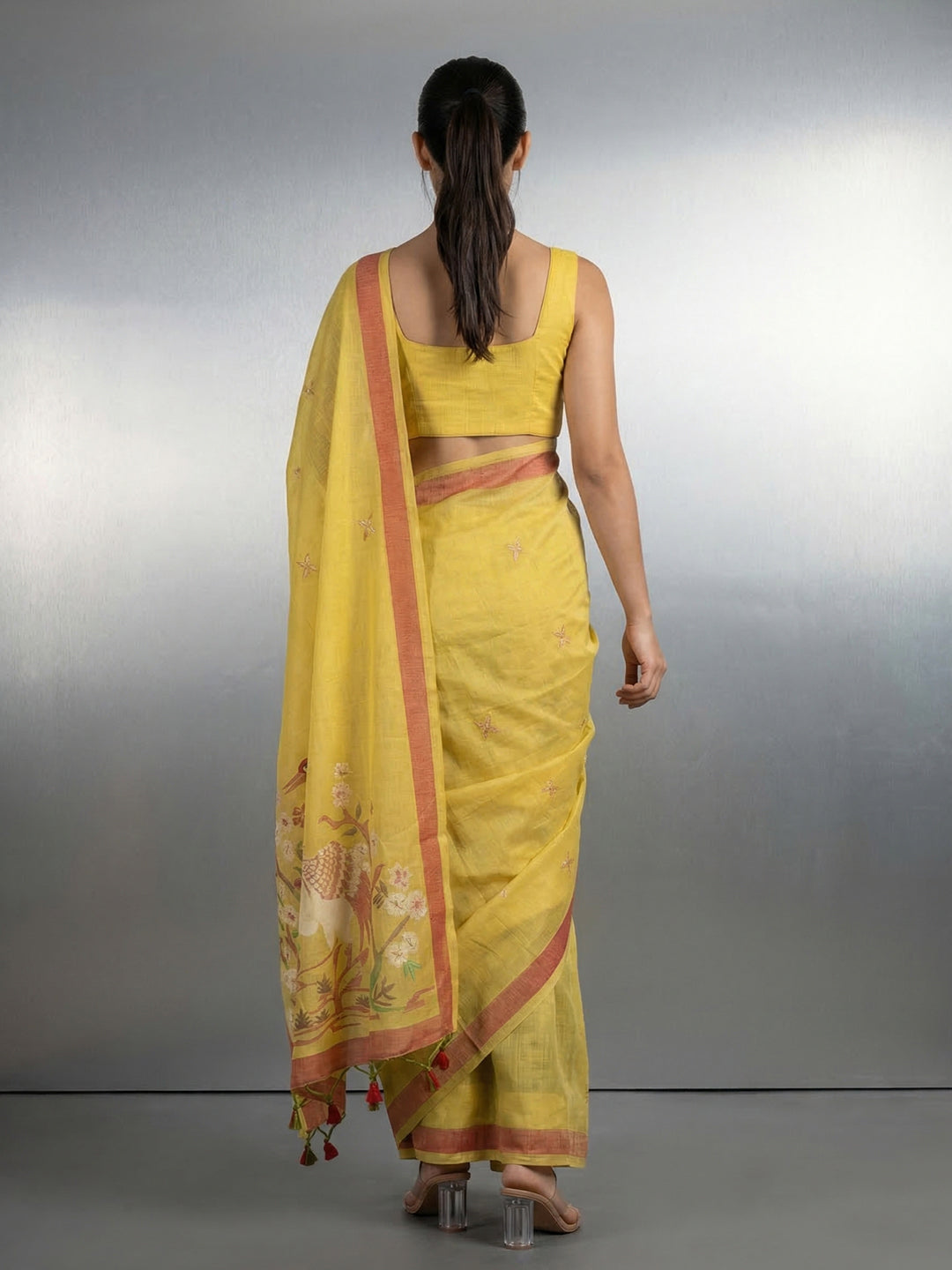 Yellow Resham Soft Muga Cotton Birds Pattern Saree