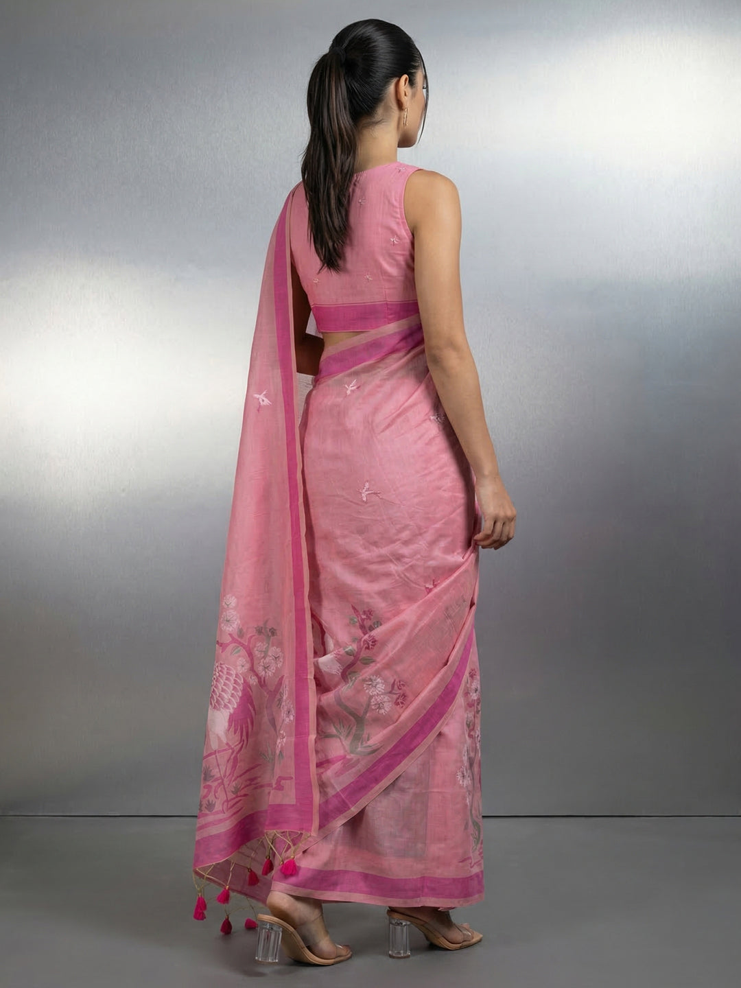 Pink Resham Soft Muga Cotton Birds Pattern Saree