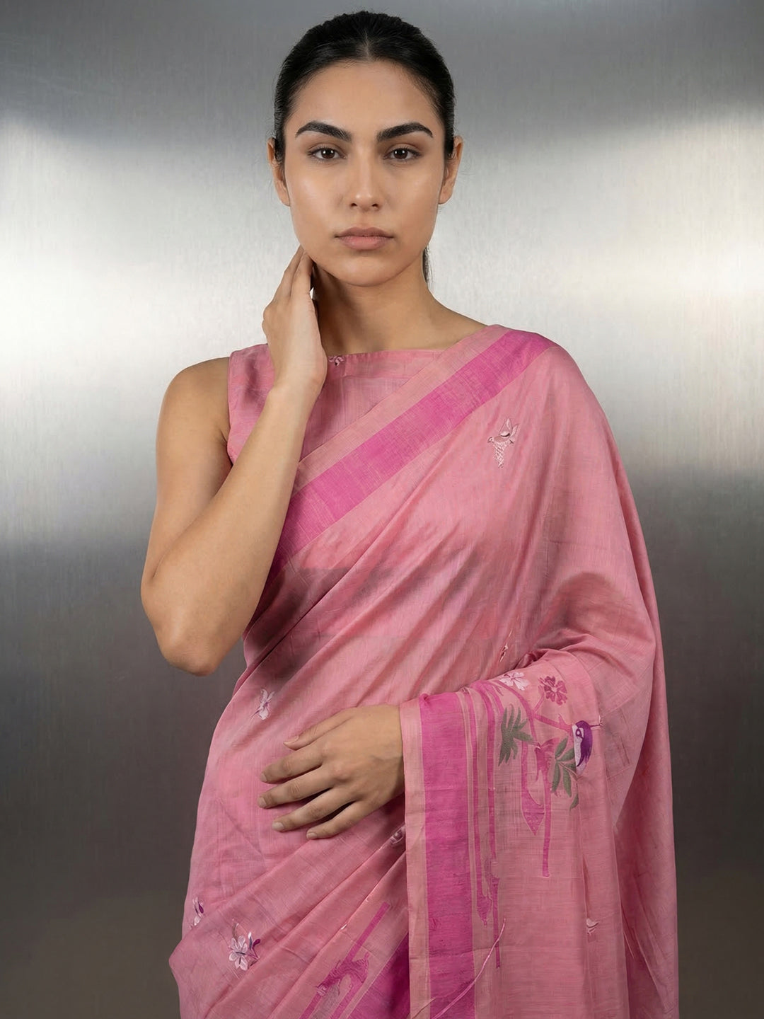 Pink Resham Soft Muga Cotton Birds Pattern Saree