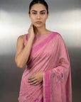 Pink Resham Soft Muga Cotton Birds Pattern Saree