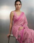 Pink Resham Soft Muga Cotton Birds Pattern Saree