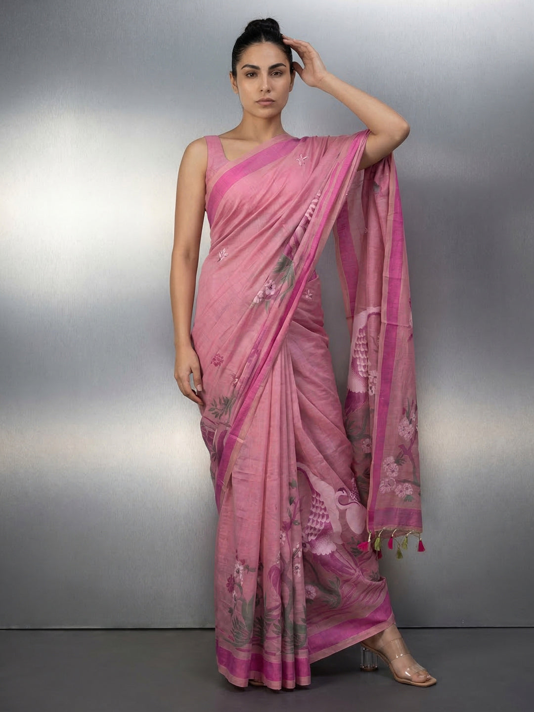 Pink Resham Soft Muga Cotton Birds Pattern Saree