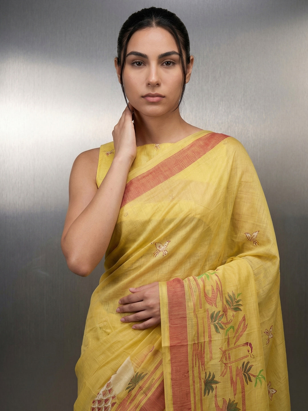Yellow Resham Soft Muga Cotton Birds Pattern Saree