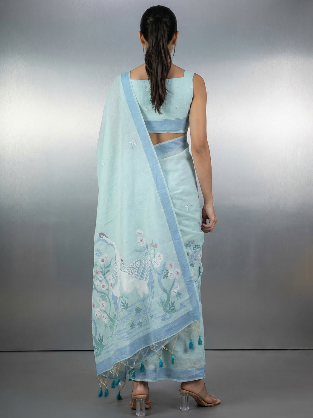 Sky Blue Resham Soft Muga Cotton Birds Pattern Saree