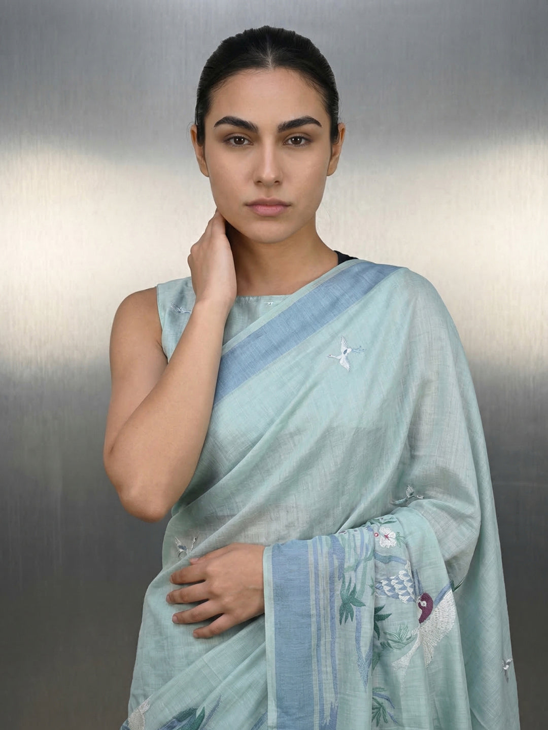 Sky Blue Resham Soft Muga Cotton Birds Pattern Saree
